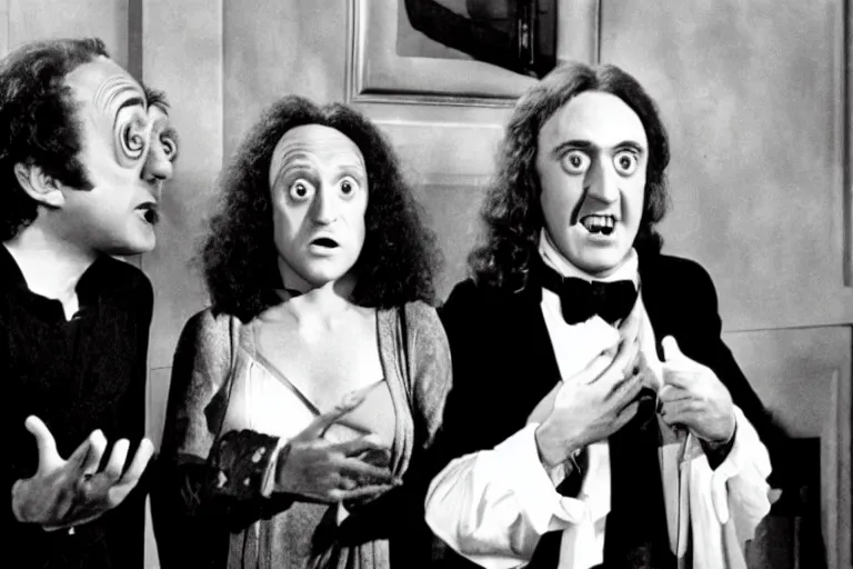 Image similar to Billy Wilder, Marty Feldman and weird al Yankovic in a still of the movie Young Frankenstein, hyperrealistic, cinema