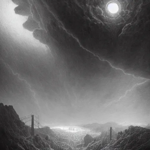 Image similar to a nightfall over a fantastical san francisco bay area, fantastical, transcendent, clean linework, dramatic, unexpected, surprising, epic light scene, spectacular, finely detailed, award winning, 4 k, trending on artstation, photorealistic, volumetric lighting, octane render uhd artwork by gustave dore, by michelangelo, by beksinski