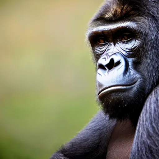 Image similar to portrait photo of a charismatic curious silverback gorilla looking into the camera, indoors, f 1. 4, golden ratio, rim light, top light, overcast day