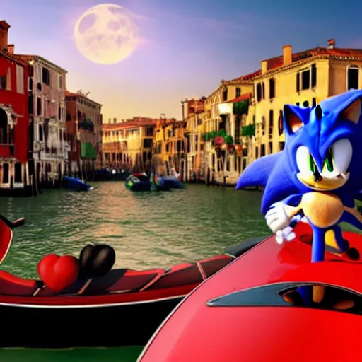 Image similar to Sonic the Hedgehog and Shadow the Hedgehog in a gondola in Venice, moonlit sky, romantic, award winning