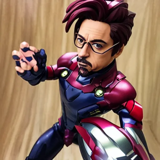 Image similar to robert downey junior as an anime statue, posable pvc figurine