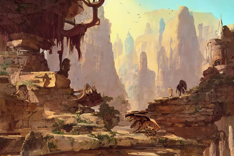 Image similar to an architectural painting of stray wild animals roaming among the ruins of an archaic city of ancient persia looming above a canyon by syd mead and frank frazetta and james gilleard in the style of hugh ferriss, ancient persian architrcture by hugh ferriss and peter mohrbacher
