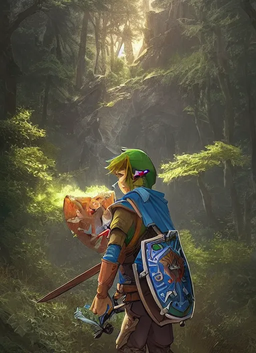 Prompt: link legend of zelda with shield on his back standing at a forest looking for adventure in the mountains, tall trees, landscape is lush, moody sunset in background, greg rutkowski, alphonse mucha, trending on artstation, artgerm, unreal engine, breathtaking, award winning, highly detailed