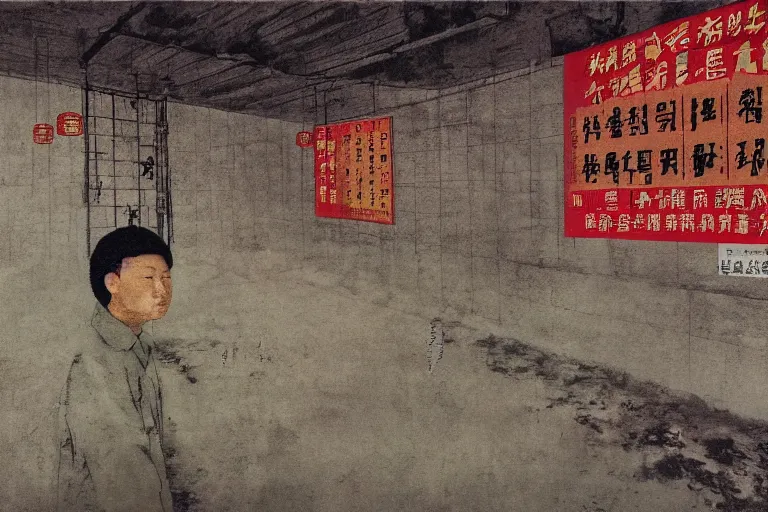 Image similar to a chinese prison near a river by peter doig, overlaid with chinese adverts