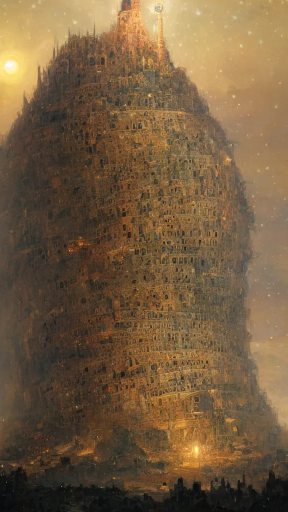 Image similar to a beautiful painting of the tower of babel, at night with a sky full of stars, intricate, elegant, highly detailed, digital painting, artstation, concept art, by krenz cushart and artem demura and alphonse mucha