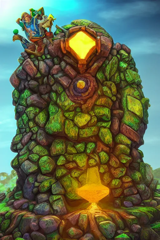 Image similar to zelda fantasy art giant golem elemental wood rock greeble gemstone enchanted forest troll, global illumination ray tracing hdr fanart arstation by sung choi and eric pfeiffer and gabriel garza and casper konefal bastion forged hardmesh lisa frank zbrush central radiating a glowing aura global illumination ray tracing hdr volume light