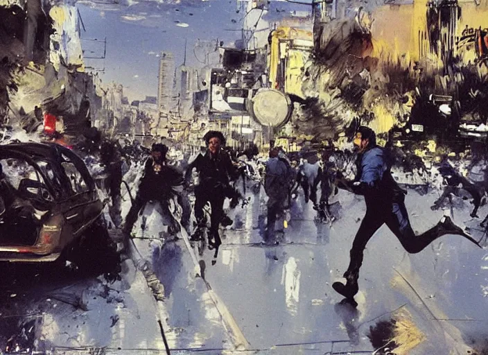 Prompt: a man running at full speed protesting in a dystopian alameda santiago de chile by john berkey and manet