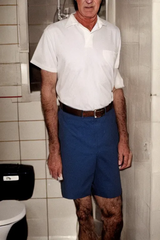 Prompt: randy mantooth wearing white underpants, standing in a dirty toilet