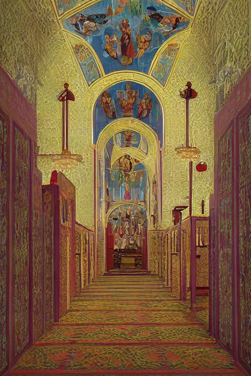 Image similar to scene from wes anderson orthodox cathedral building by helen lundeberg