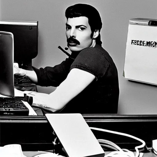 Image similar to Freddie Mercury playing among us on his computer