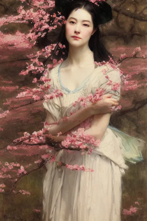 Image similar to Solomon Joseph Solomon and Richard Schmid and Jeremy Lipking victorian genre painting full length portrait painting of a young beautiful woman from japan with cherry blossoms and cherry trees