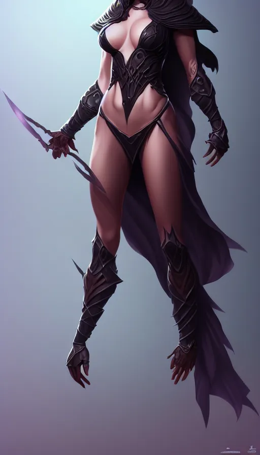 Image similar to dark sorceress full body view, highly detailed, artgerm style, artstation, soft light, sharp focus, illustration, character design, concept art, correct anatomy