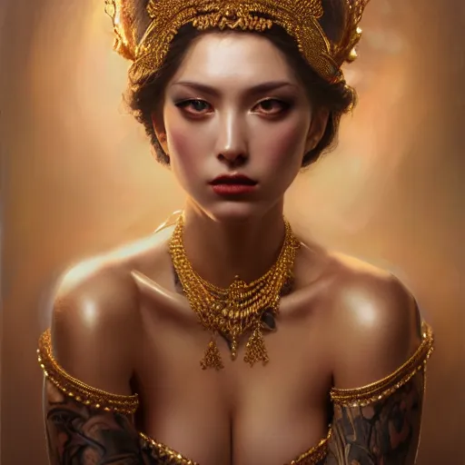 Prompt: expressive oil painting, of alluring european princess, seductive look, glare, smooth glowing skin, glistening body, love, adoration, sweat, tattoos, ornate headpiece made from beads, glamour shot, by yoshitaka amano, by greg rutkowski, by jeremyg lipkinng, by artgerm, digital art, octane render, grunge aesthetic