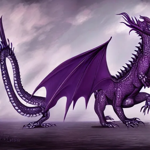 Prompt: a 128 foot tall silver western dragon with purple accents, having a 360 foot long wingspan; The scales smooth and streamlined, while jutting out at the elbows and crest and spine; with 4 limbs and 4 claws on each foot; deviantart, furaffinity