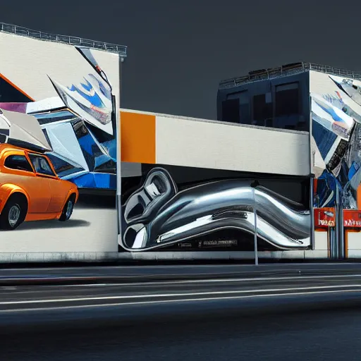 Image similar to sci-fi cars trucks motorcycles 50% of canvas in center and wall near structure on the coronation of napoleon painting and digital billboard in the middle and everything in style of zaha hadid and suprematism forms unreal engine 5 keyshot octane artstation trending bladerunner 2049 colors lighting ultra high detail ultra photo realistic 8k 16k in plastic dark tilt shift