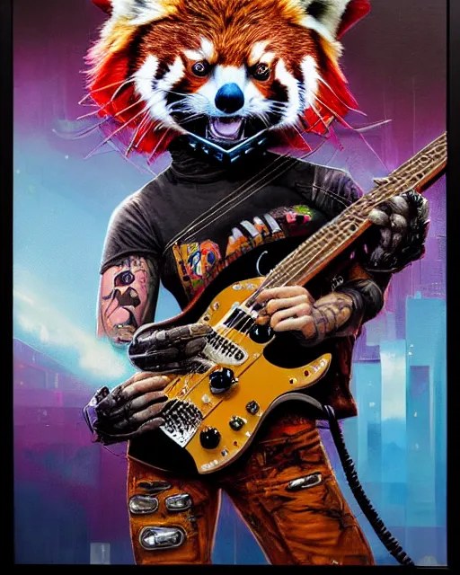 Image similar to a portrait of an anthropomorphic cyberpunk red panda shredding an electric guitar by sandra chevrier, by jon foster, detailed render, electric guitar, epic composition, cybernetics, 4 k realistic, cryengine, realistic shaded lighting, sharp focus, masterpiece, by enki bilal