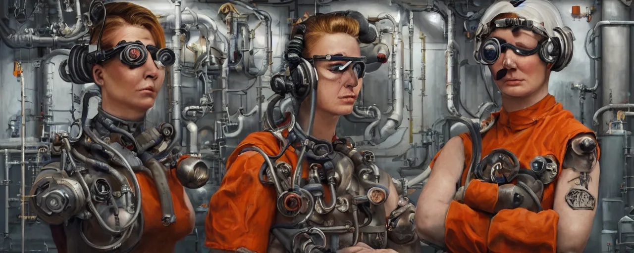 Prompt: oil painting, character concept art 3 / 4 portrait of tattooed stoic heroic emotionless butch blonde woman engineer with short slicked - back hair, wearing dark victorian goggles, wearing orange bandana around neck, working inside reactor room, awkward and uncomfortable and anxious, dirty, ron cobb. industrial space program, scifi, hyper detailed. octane render. trending on artstation