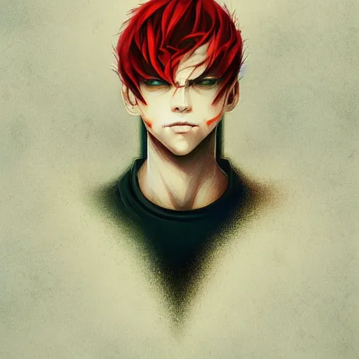 Image similar to headshot portrait of male anime character extremely sharp jaws slit yellow eyes medium red hair inspired by tom hiddleston by anato finnstark, tom bagshaw, brom