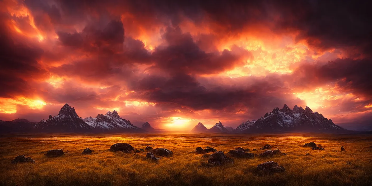 Prompt: landscape photography by marc adamus, a viking war, plains sunset, dramatic lighting, mountains, beautiful, hyper detailed, uhd,
