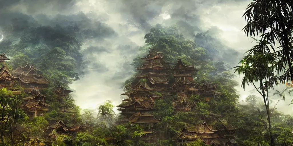 Image similar to a gigantic standing haunted samurai guardian dominates a huge hidden bamboo village in the jungle, evening, ominous sky, flags, matte painting, craig mullins