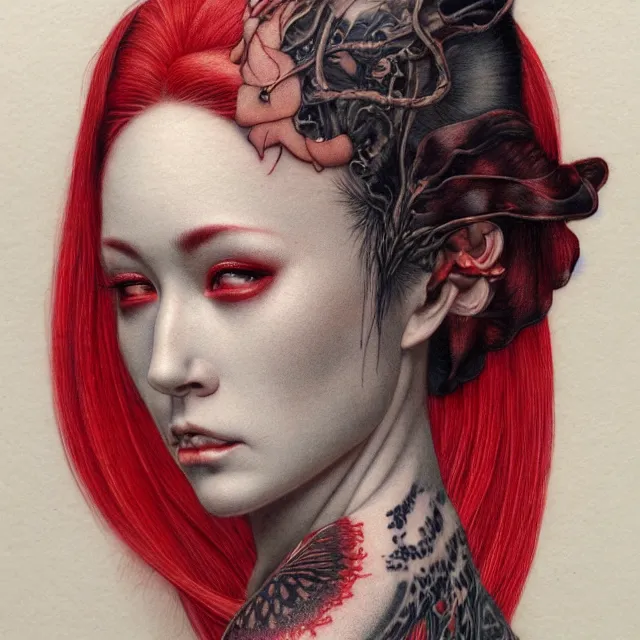 Image similar to ultra realistic illustration, beautiful woman dressed in red kimono, backview, tattoos, in the style of gerald brom by weta digital and beth cavener, high face symmetry, intricate, masterpiece, award winning, high face symmetry, intricate