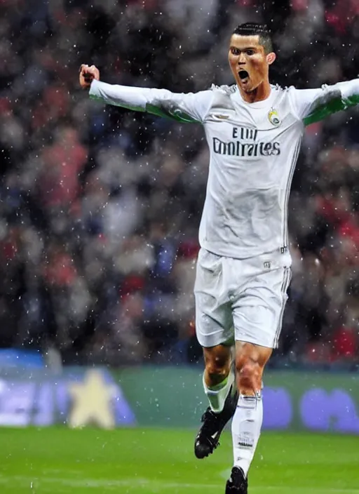 Image similar to epic face portrait cristiano ronaldo after scoring a goal, hard rain