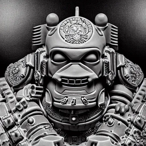 Image similar to symmetrical, close up portrait of warhammer 4 0 k space marine ghandi, covered in sesame street tattoos, studio lighting, depth of field, photography, black and white, highly detailed