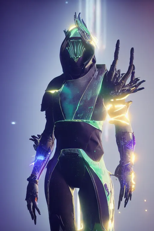 Prompt: Destiny 2 warlock overflowing with luminescent void energy, we can see them from feet to head, highly detailed and intricate, unreal engine 5 render, color theory