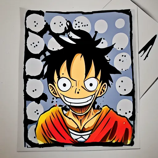 Image similar to die cut sticker, luffy gear 5, splatter paint on paper