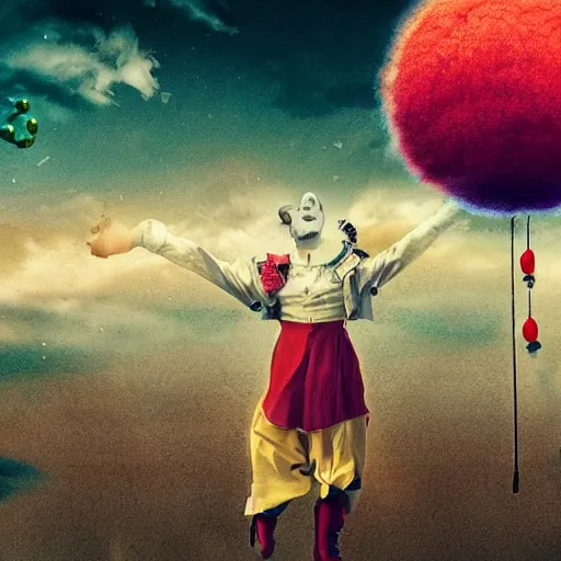 Image similar to a surreal and fantastic vision of the end of the world, dreamed by a sad clown