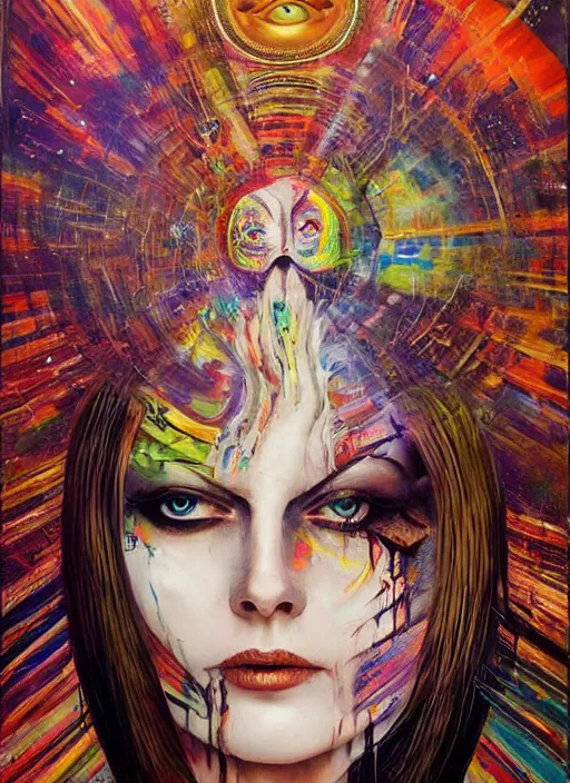 Prompt: enlightened cult psychic woman performing ritual, symmetrical painted face, third eye, energetic consciousness psychedelic scene, epic surrealism expressionism symbolism, story telling, iconic, dark robed, oil painting, layers on layers on layers, dark myth mythos, by Sandra Chevrier , Bruce Pennington, masterpiece