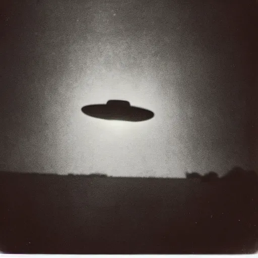 Image similar to polaroid photograph of ufo taken, two dark, silhoutted aliens are in front of it, hanebau, 1 9 5 0 s, black and white, blurry