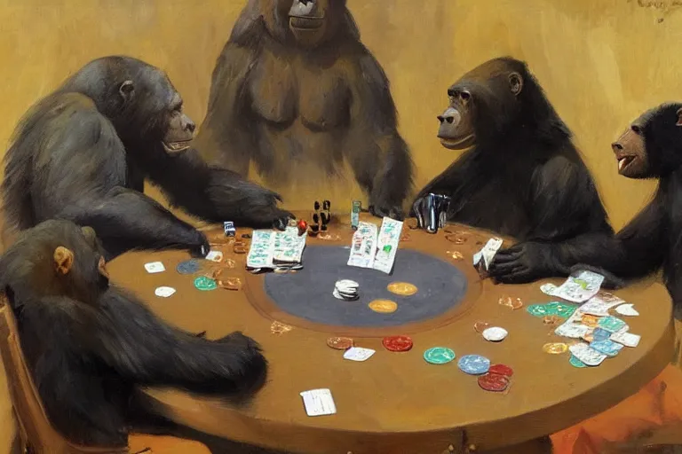 Prompt: 2 animals, gorrila, bear, playing poker highly detailed beautiful, by gregory manchess, james gurney, james jean