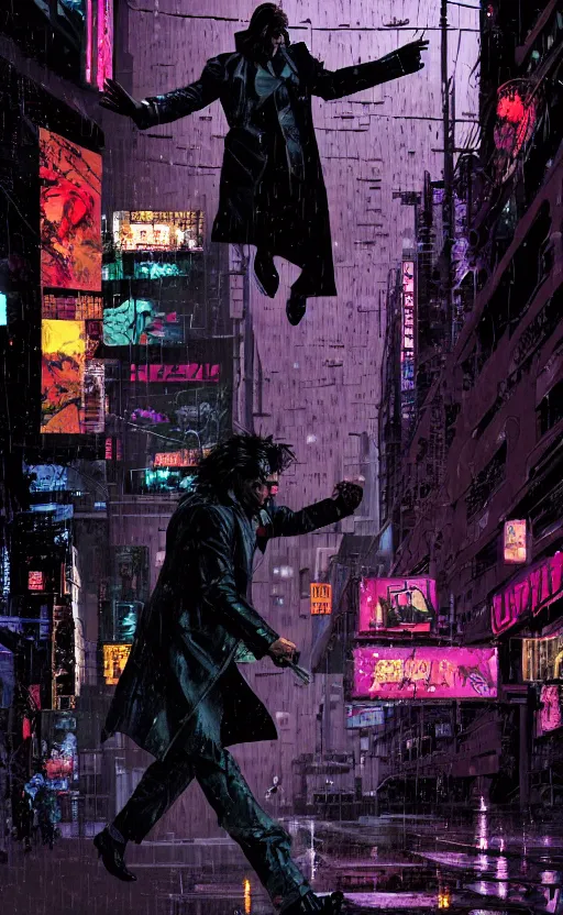 Image similar to Grizzled Trenchcoat detective leaping into the rain. Dynamic, delirious, creative panel style by Bill Sienkiewicz. Heavy chromatic abberation. Visual distortion. Sci-Fi cyberpunk Comic page made up of art by the best artists Trending on Artstation. Octane render, Raytracing, 3d masterpiece, fantastic lighting by James Gurney. Noir detective genre.