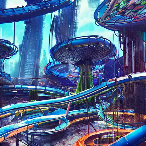 Prompt: futuristic cyberpunk waterpark, digital art, highly detailed, epic composition, cinematic lighting