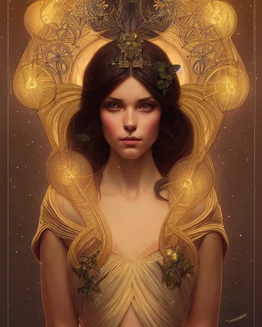 Image similar to symmetry portrait of brunette princess, glam, fae, fireflies, forest background, intricate, elegant, highly detailed, digital painting, artstation, concept art, smooth, sharp focus, illustration, art by artgerm and greg rutkowski and fra angelico and alphons mucha