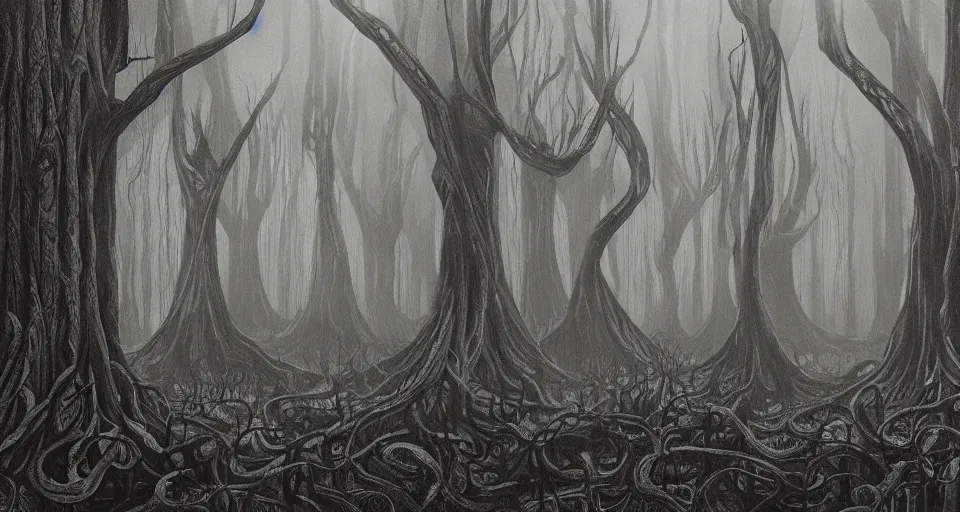 Image similar to A dense and dark enchanted forest with a swamp, by H.P. Lovecraft