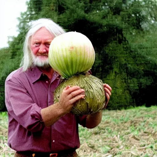 Prompt: robert wyatt holding a great big onion