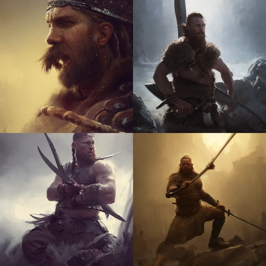 Prompt: an intense action portrait of a Viking warrior by Greg Rutkowski and Raymond Swanland, dramatic lighting, Trending on Artstation, ultra realistic digital art