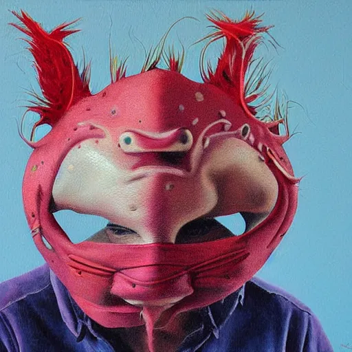 Image similar to man wearing axolotl mask. detailed painting by derek riggs.