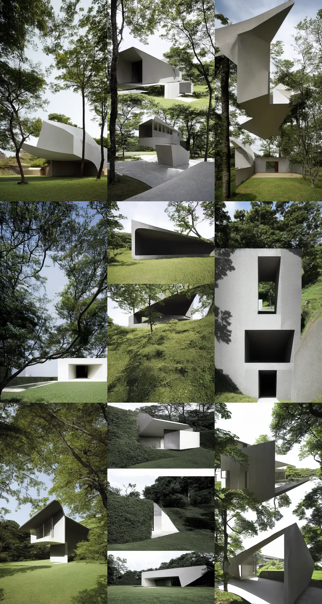 Prompt: House shaped as a human head by Tadao Ando