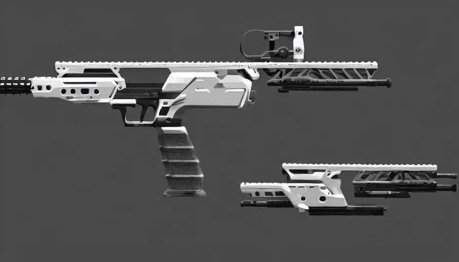 Prompt: extremely detailed ultra realistic photographic side view ultra minimalist assault rifle coilgun, detailed trigger, chemically propelled, battery, smooth streamline, elegant sleek smooth body, white paint, battery and wires, railgun, chemrail, gauss, smooth utopian design, ultra high quality, octane, cod, destiny, warframe, terminator