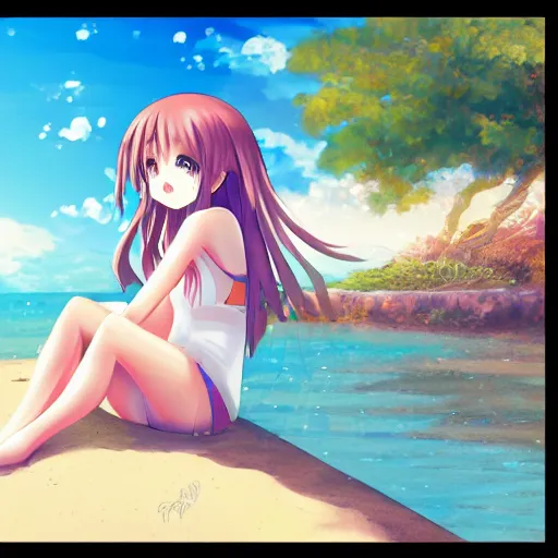 Prompt: a cute anime girl sitting by the beach, digital art, 8k, intricate details