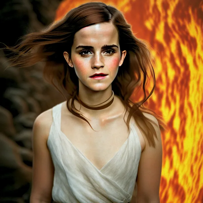 Image similar to Kodak Portra 400, 8K, soft light, volumetric lighting, highly detailed, Rena Nounen style 3/4 ,portrait photo of Emma Watson as Hermione Granger by WLOP, the face emerges from a lava flowing gold travertine terraces with lotus flowers, inspired by Ophelia paint , a beautiful luxurious fully clothed, hair is intricate with highly detailed realistic beautiful flowers , Realistic, Refined, Highly Detailed, ethereal lighting colors scheme, outdoor fine art photography, Hyper realistic, photo realistic, masterpiece