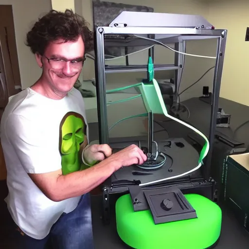 Image similar to the hulk tinkering with his new 3d printer