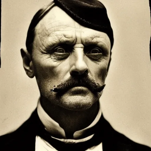 Prompt: headshot edwardian photograph of anthony hopkins, mads mikkelsen, arthur shelby, terrifying, scariest looking man alive, 1 8 9 0 s, london gang member, slightly pixelated, angry, intimidating, fearsome, realistic face, peaky blinders, 1 9 0 0 s photography, 1 9 1 0 s, grainy, blurry, very faded