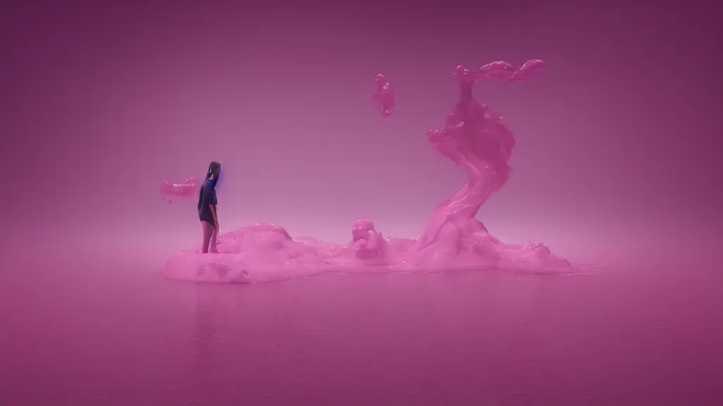 Image similar to a creature silhouette in a large vat of pink liquid, photorealistic, octane render 8 k uhd