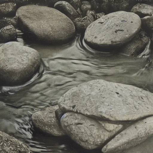 Prompt: detailed footage of european hunger stones in a river, photographic journalism, realistic, european river, 1 6 1 6 writing