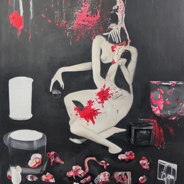 Prompt: empty room with black walls, sensual portrait of a female pathologist, broken vase, spilled flowers, puddle of water, octopus, squashed berries, neo - expressionism, surrealism, acrylic and spray paint and oilstick on canvas