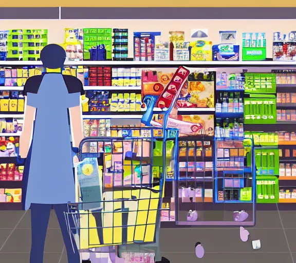 Prompt: an anime character robot girl with a shopping bag, standing in a line to the cash register in a convenience store in warsaw, photorealistic, near future, slice of life scene, digital art